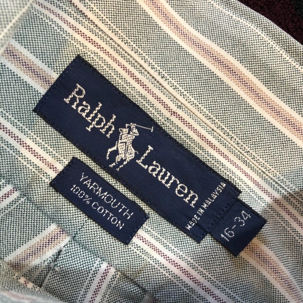 POLO Ralph Lauren Vintage Men's Green Striped OCBD - Size 16/34 - Picture 2 of 11